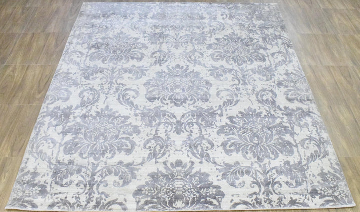 8x10 Rug, Floral Gray Rug, White Rug, Viscose Rug, Living, Dinning and Bedroom Rug, Modern Handmade Wool & Viscose Area Rug | TRD0017QT810 - The Rug Decor