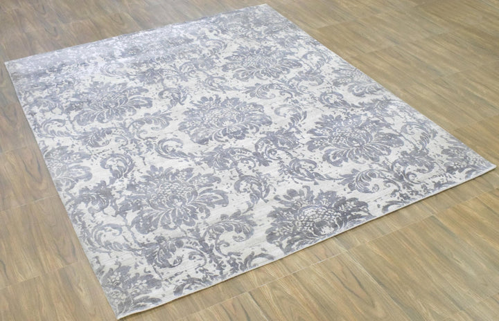 8x10 Rug, Floral Gray Rug, White Rug, Viscose Rug, Living, Dinning and Bedroom Rug, Modern Handmade Wool & Viscose Area Rug | TRD0017QT810 - The Rug Decor