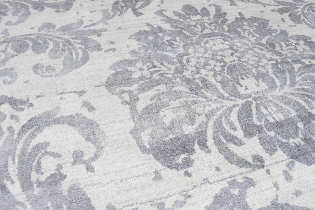 8x10 Rug, Floral Gray Rug, White Rug, Viscose Rug, Living, Dinning and Bedroom Rug, Modern Handmade Wool & Viscose Area Rug | TRD0017QT810 - The Rug Decor