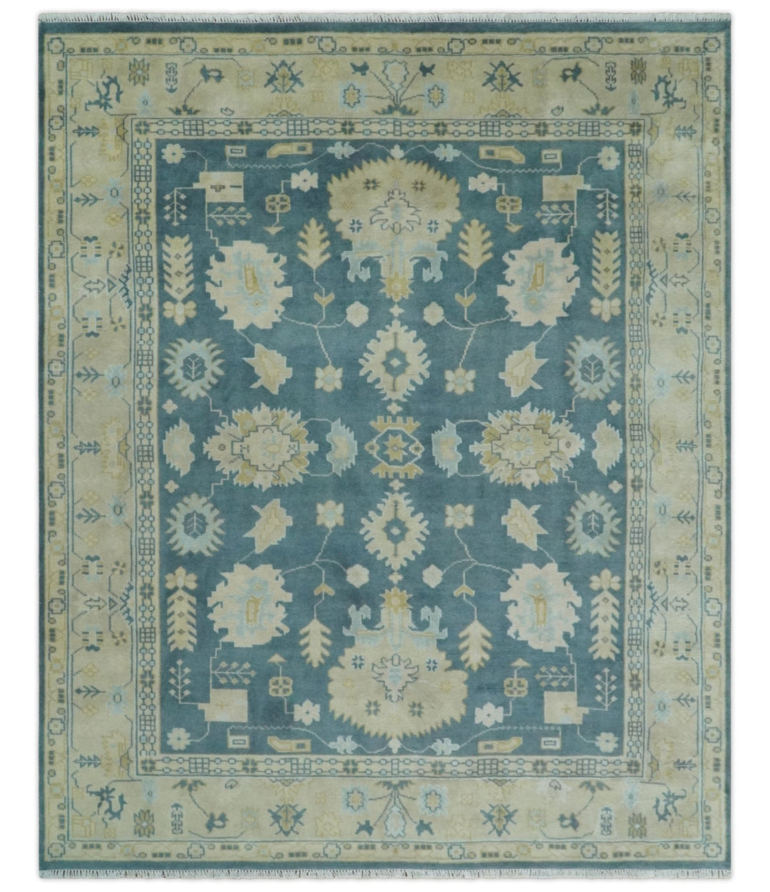 8x10 Teal and Beige Hand Knotted Heriz Serapi Floral Area Rug | TRDCP1185810 - The Rug Decor
