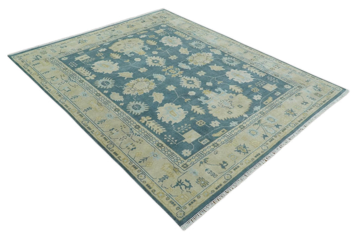 8x10 Teal and Beige Hand Knotted Heriz Serapi Floral Area Rug | TRDCP1185810 - The Rug Decor