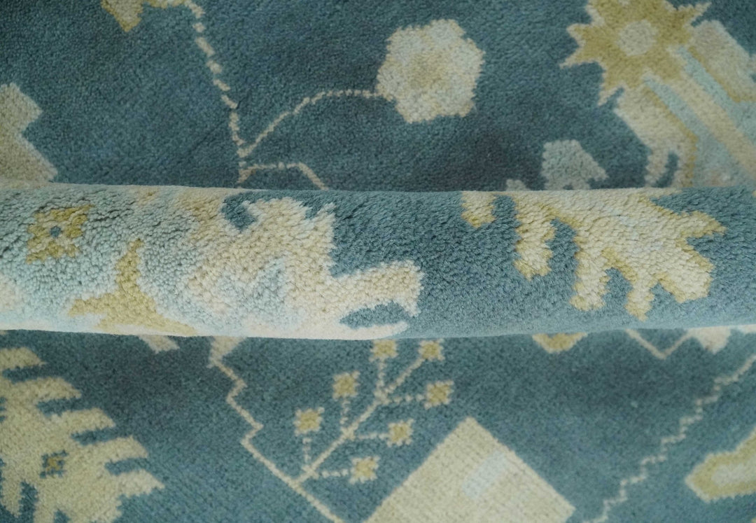 8x10 Teal and Beige Hand Knotted Heriz Serapi Floral Area Rug | TRDCP1185810 - The Rug Decor