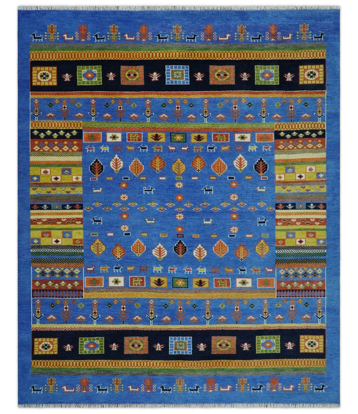 8x10 Tribal Gabbeh Blue, Black, Green and Rust Hand knotted Traditional Wool Area Rug - The Rug Decor