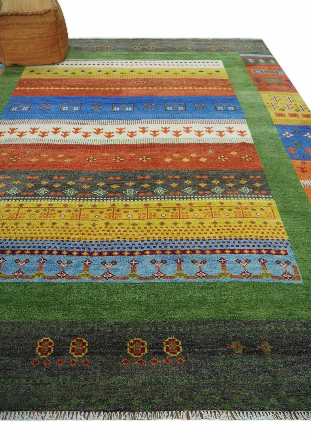 8x10 Tribal Gabbeh Green, Rust, Blue and Gold Hand knotted Traditional Wool Area Rug - The Rug Decor