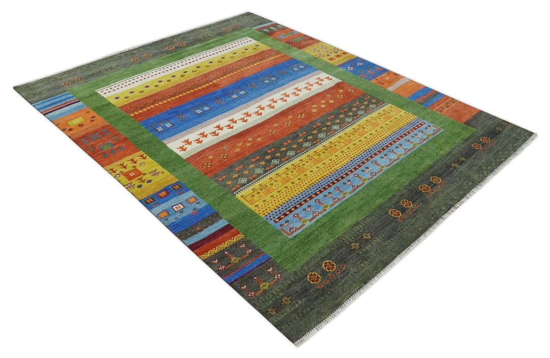 8x10 Tribal Gabbeh Green, Rust, Blue and Gold Hand knotted Traditional Wool Area Rug - The Rug Decor