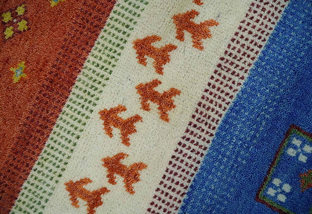 8x10 Tribal Gabbeh Green, Rust, Blue and Gold Hand knotted Traditional Wool Area Rug - The Rug Decor