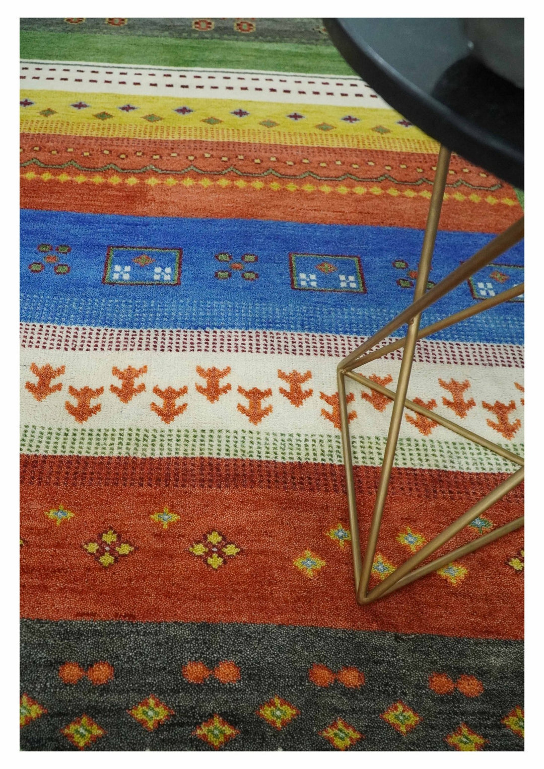 8x10 Tribal Gabbeh Green, Rust, Blue and Gold Hand knotted Traditional Wool Area Rug - The Rug Decor