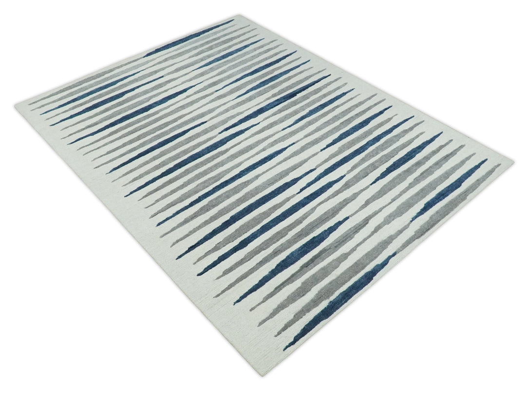 8x10 White, Blue and Camel Hand Tufted Modern Scandinavian Stripe Wool Area Rug | YUK3 - The Rug Decor