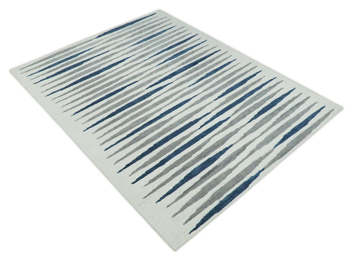 8x10 White, Blue and Camel Hand Tufted Modern Scandinavian Stripe Wool Area Rug | YUK3 - The Rug Decor