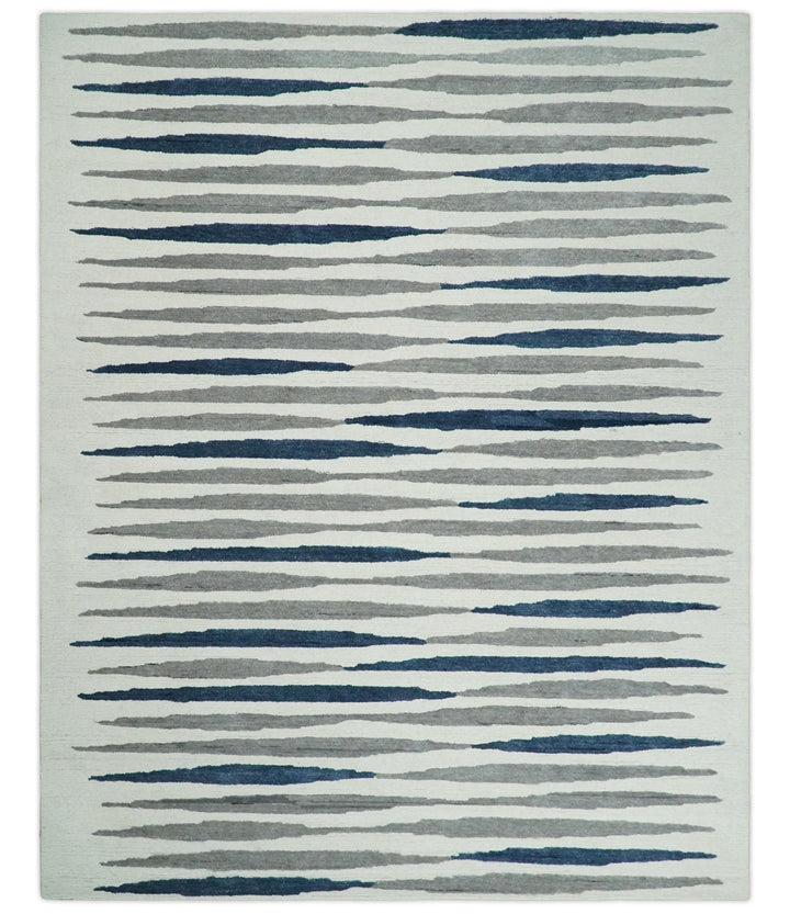 8x10 White, Blue and Camel Hand Tufted Modern Scandinavian Stripe Wool Area Rug | YUK3 - The Rug Decor
