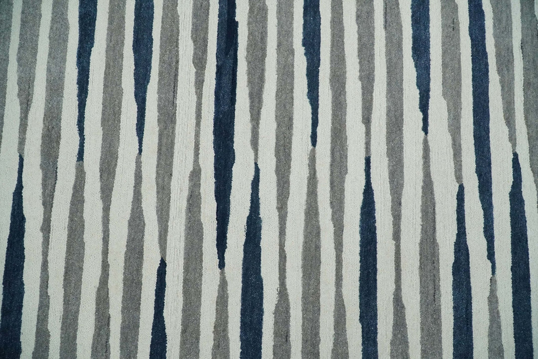 8x10 White, Blue and Camel Hand Tufted Modern Scandinavian Stripe Wool Area Rug | YUK3 - The Rug Decor