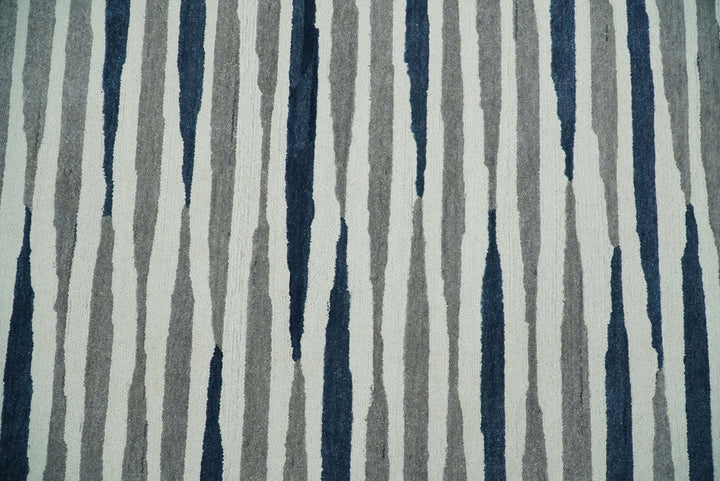8x10 White, Blue and Camel Hand Tufted Modern Scandinavian Stripe Wool Area Rug | YUK3 - The Rug Decor
