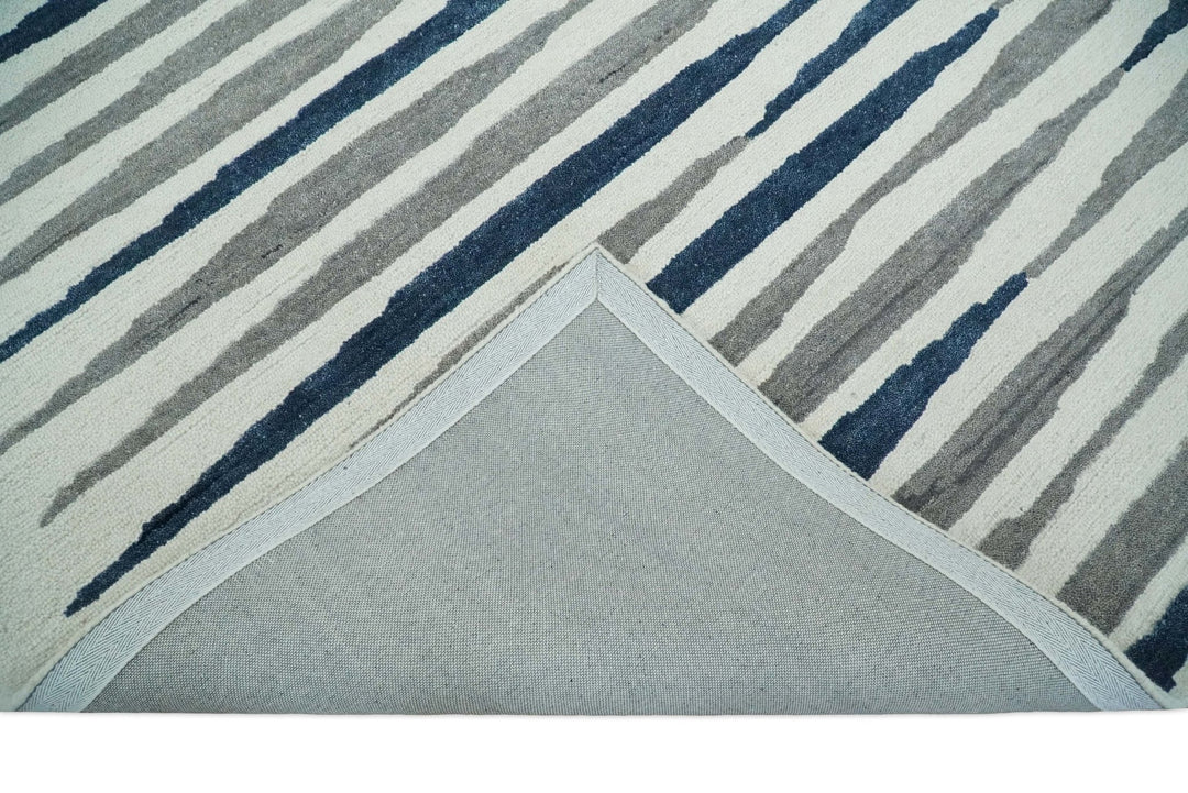 8x10 White, Blue and Camel Hand Tufted Modern Scandinavian Stripe Wool Area Rug | YUK3 - The Rug Decor