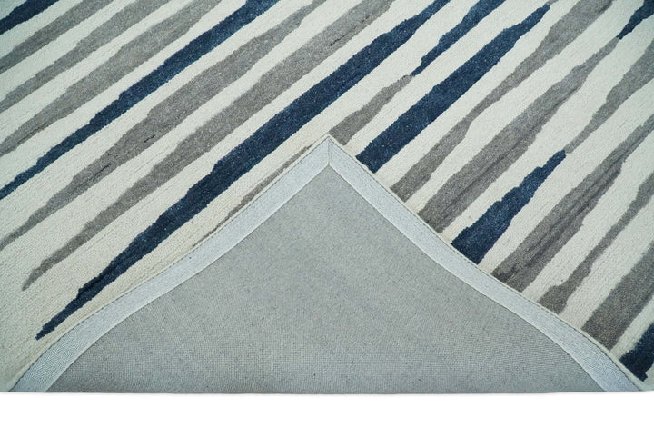 8x10 White, Blue and Camel Hand Tufted Modern Scandinavian Stripe Wool Area Rug | YUK3 - The Rug Decor