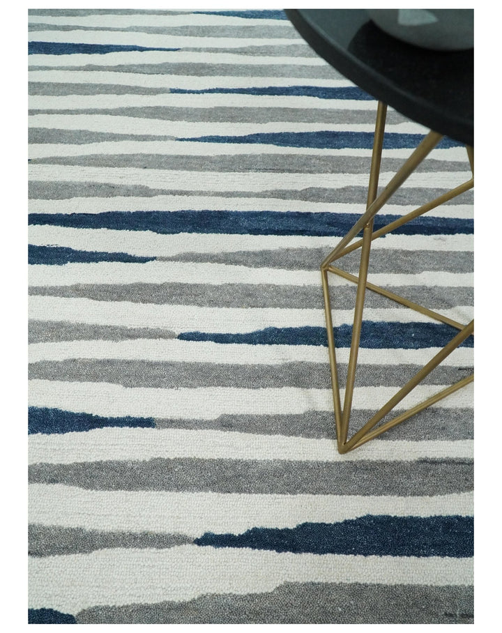 8x10 White, Blue and Camel Hand Tufted Modern Scandinavian Stripe Wool Area Rug | YUK3 - The Rug Decor
