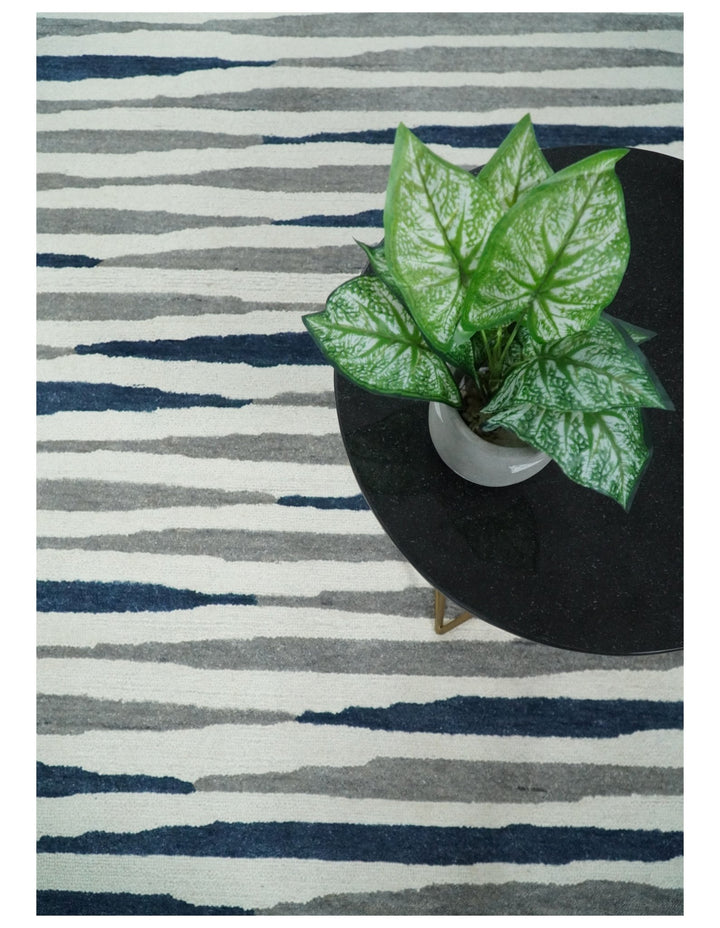 8x10 White, Blue and Camel Hand Tufted Modern Scandinavian Stripe Wool Area Rug | YUK3 - The Rug Decor