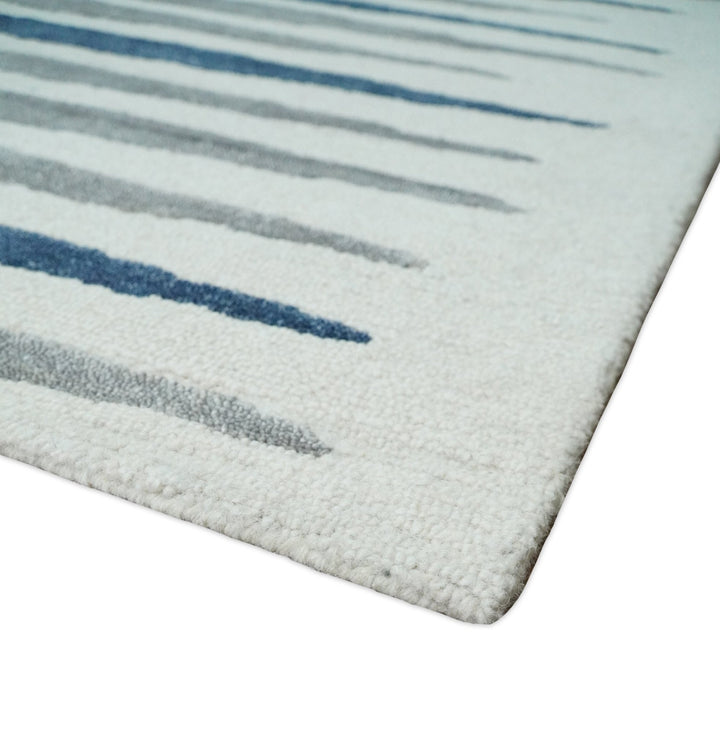 8x10 White, Blue and Camel Hand Tufted Modern Scandinavian Stripe Wool Area Rug | YUK3 - The Rug Decor