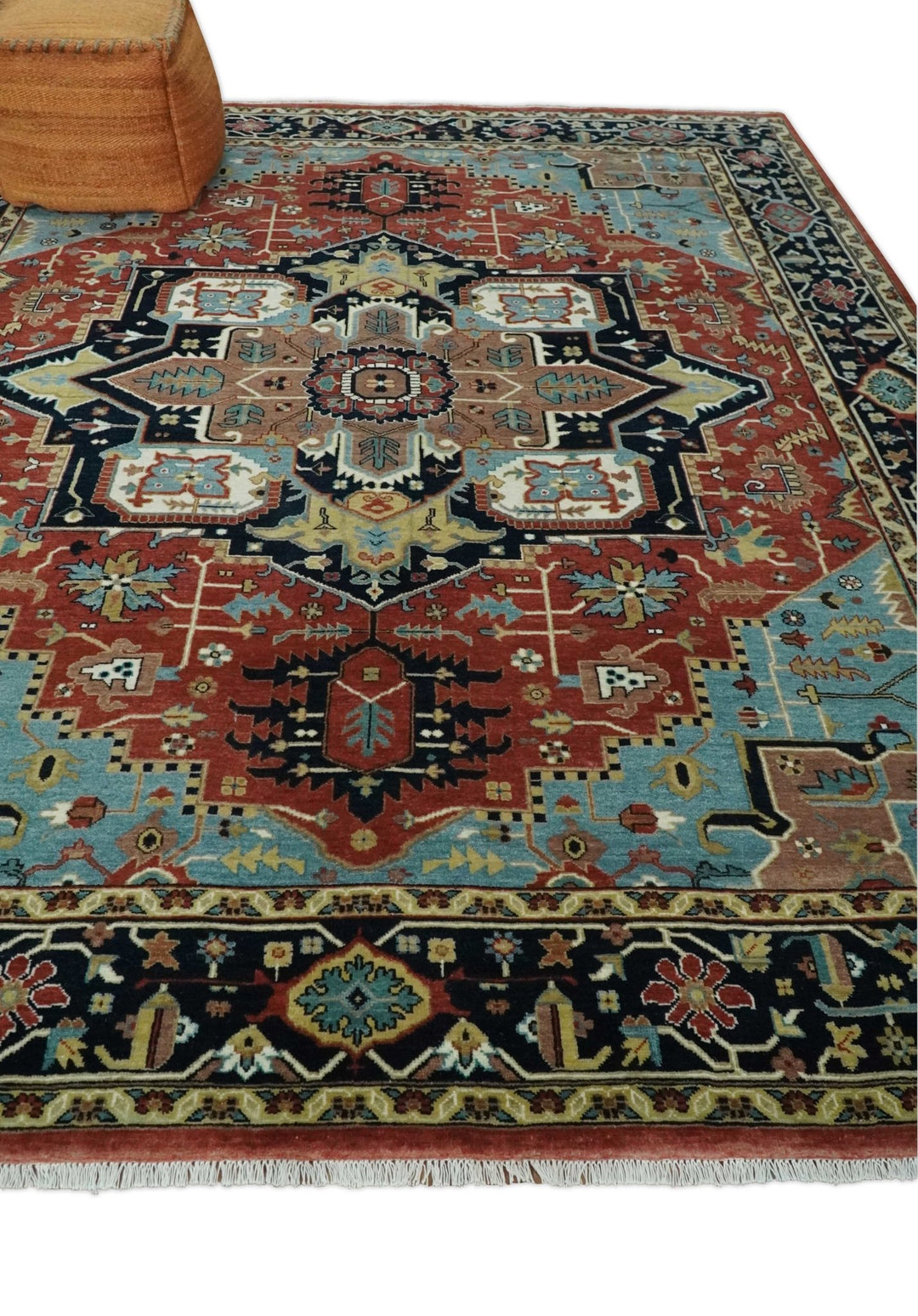8x10 Wool Hand Knotted Heriz Serapi Brown, Black, Rust and Teal Area Rug | TRDCP1051810 - The Rug Decor
