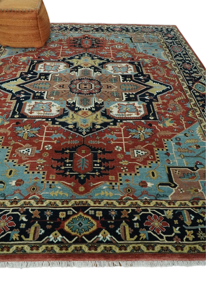 8x10 Wool Hand Knotted Heriz Serapi Brown, Black, Rust and Teal Area Rug | TRDCP1051810 - The Rug Decor