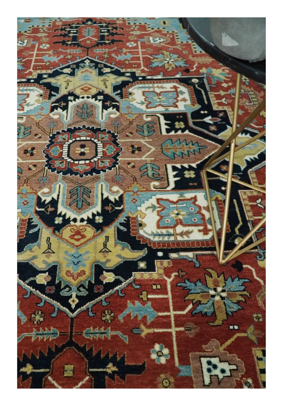 8x10 Wool Hand Knotted Heriz Serapi Brown, Black, Rust and Teal Area Rug | TRDCP1051810 - The Rug Decor