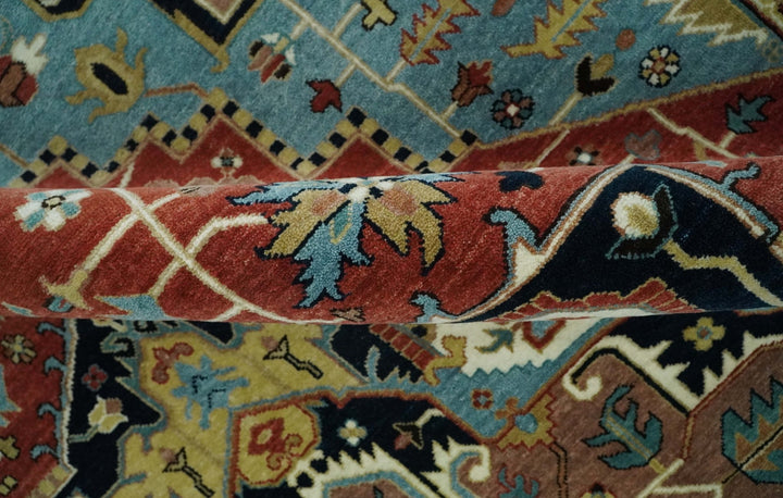 8x10 Wool Hand Knotted Heriz Serapi Brown, Black, Rust and Teal Area Rug | TRDCP1051810 - The Rug Decor