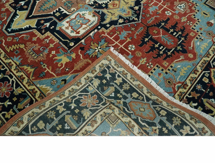 8x10 Wool Hand Knotted Heriz Serapi Brown, Black, Rust and Teal Area Rug | TRDCP1051810 - The Rug Decor