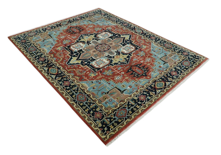 8x10 Wool Hand Knotted Heriz Serapi Brown, Black, Rust and Teal Area Rug | TRDCP1051810 - The Rug Decor
