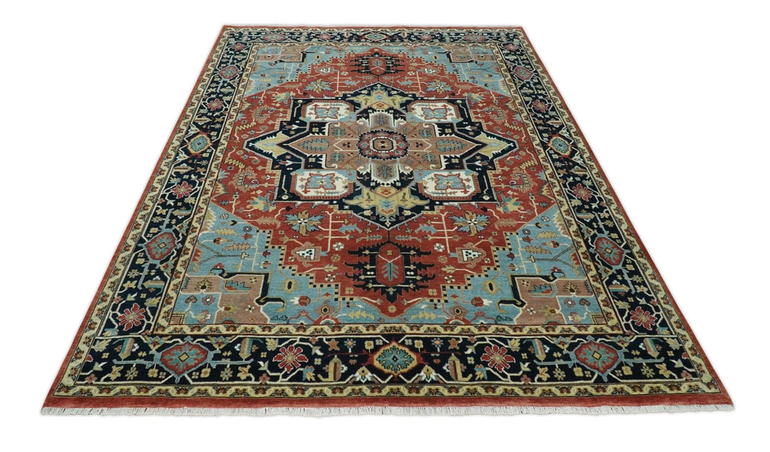 8x10 Wool Hand Knotted Heriz Serapi Brown, Black, Rust and Teal Area Rug | TRDCP1051810 - The Rug Decor