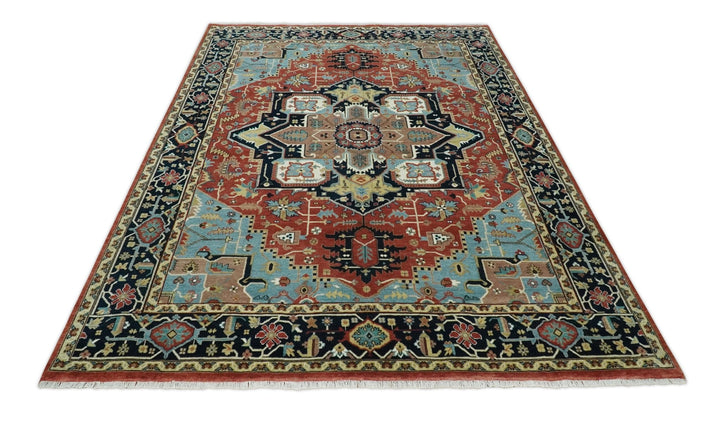 8x10 Wool Hand Knotted Heriz Serapi Brown, Black, Rust and Teal Area Rug | TRDCP1051810 - The Rug Decor