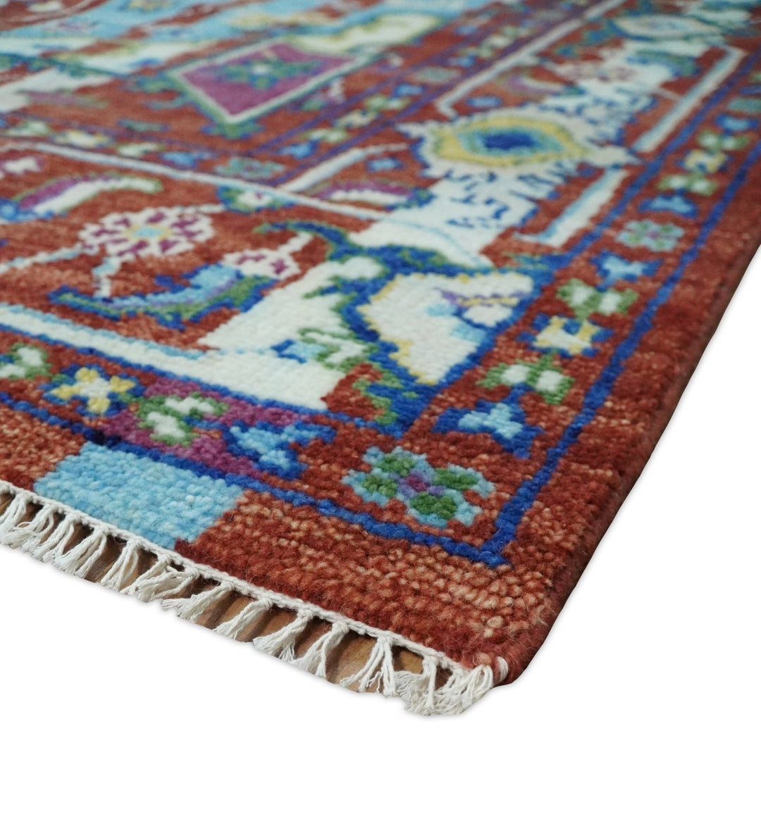 8x10 Wool Persian Blue and Red Abstract Vibrant Colorful Hand knotted Heriz Serapi Area Rug | TRDCP306810 - The Rug Decor