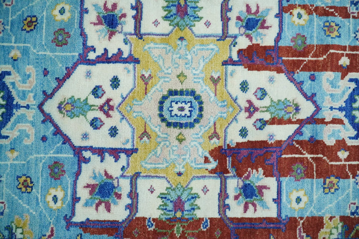 8x10 Wool Persian Blue and Red Abstract Vibrant Colorful Hand knotted Heriz Serapi Area Rug | TRDCP306810 - The Rug Decor