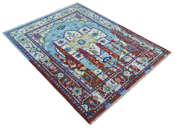 8x10 Wool Persian Blue and Red Abstract Vibrant Colorful Hand knotted Heriz Serapi Area Rug | TRDCP306810 - The Rug Decor
