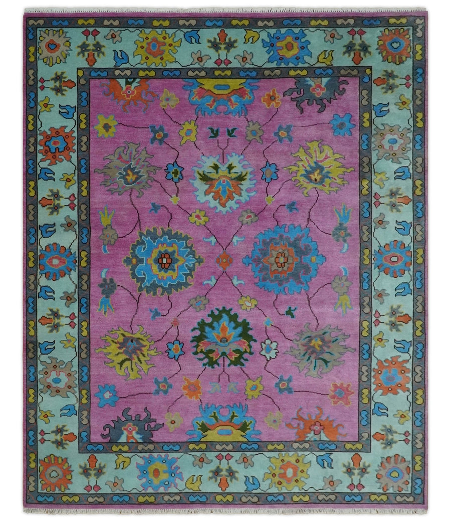 8x10 Wool Traditional Persian Pink, Gray and Blue Vibrant Colorful Hand knotted Oushak Area Rug | TRDCP844810 - The Rug Decor