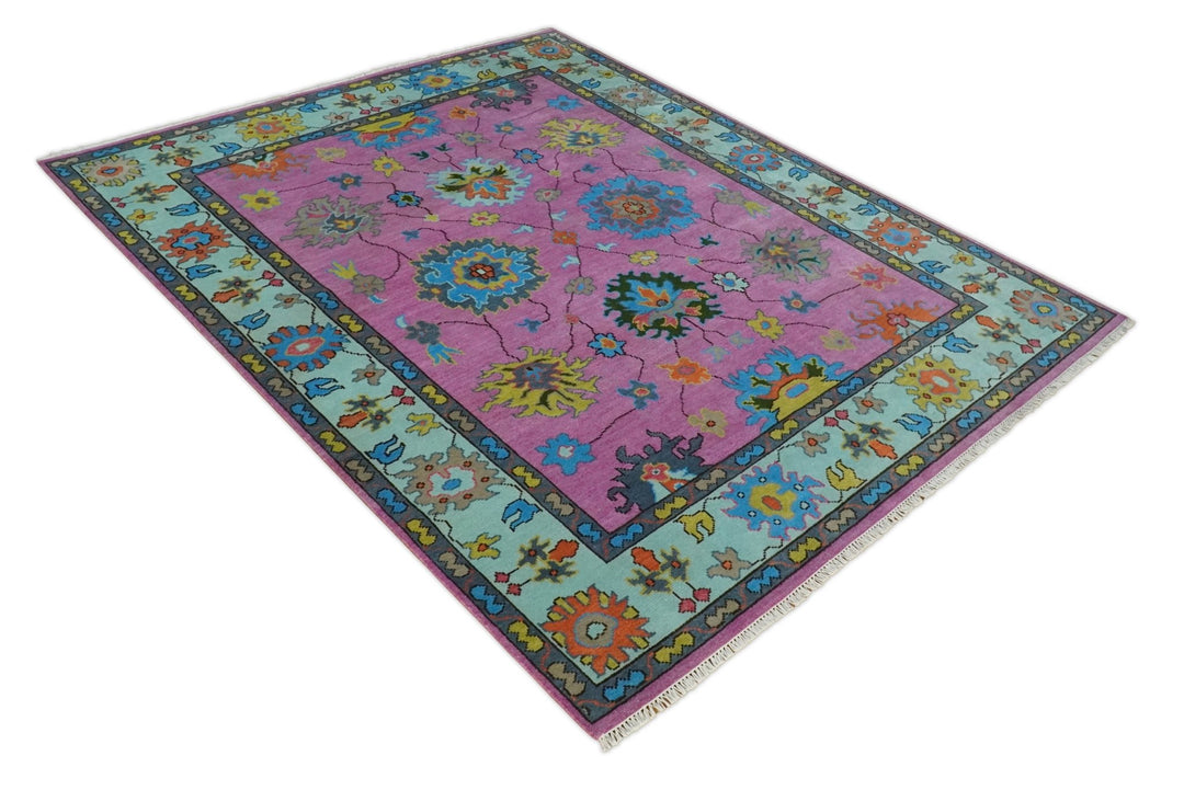 8x10 Wool Traditional Persian Pink, Gray and Blue Vibrant Colorful Hand knotted Oushak Area Rug | TRDCP844810 - The Rug Decor