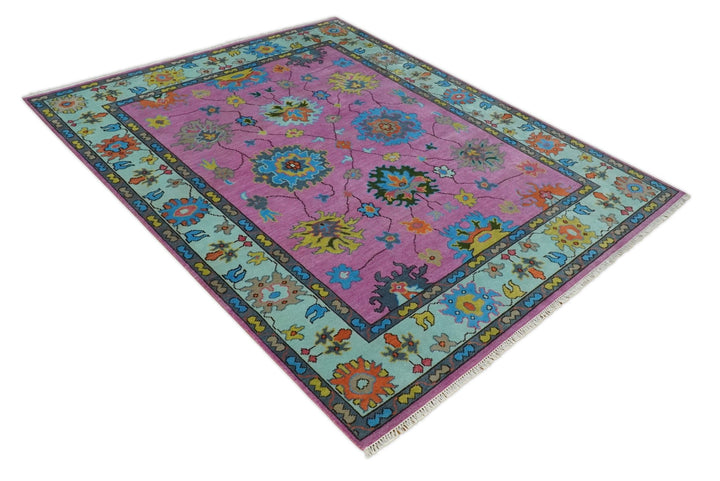 8x10 Wool Traditional Persian Pink, Gray and Blue Vibrant Colorful Hand knotted Oushak Area Rug | TRDCP844810 - The Rug Decor