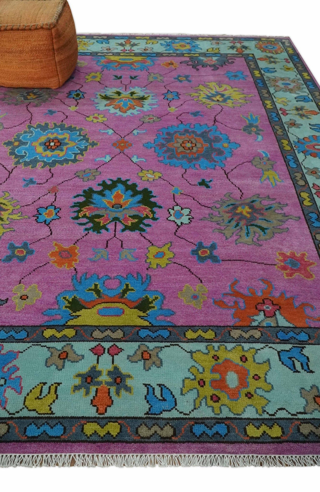 8x10 Wool Traditional Persian Pink, Gray and Blue Vibrant Colorful Hand knotted Oushak Area Rug | TRDCP844810 - The Rug Decor