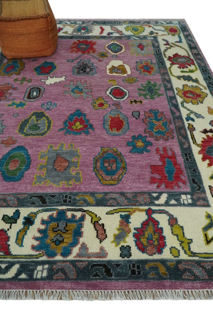 8x10 Wool Traditional Persian Purple and Ivory Vibrant Colorful Hand knotted Oushak Area Rug | TRDCP1125810S - The Rug Decor