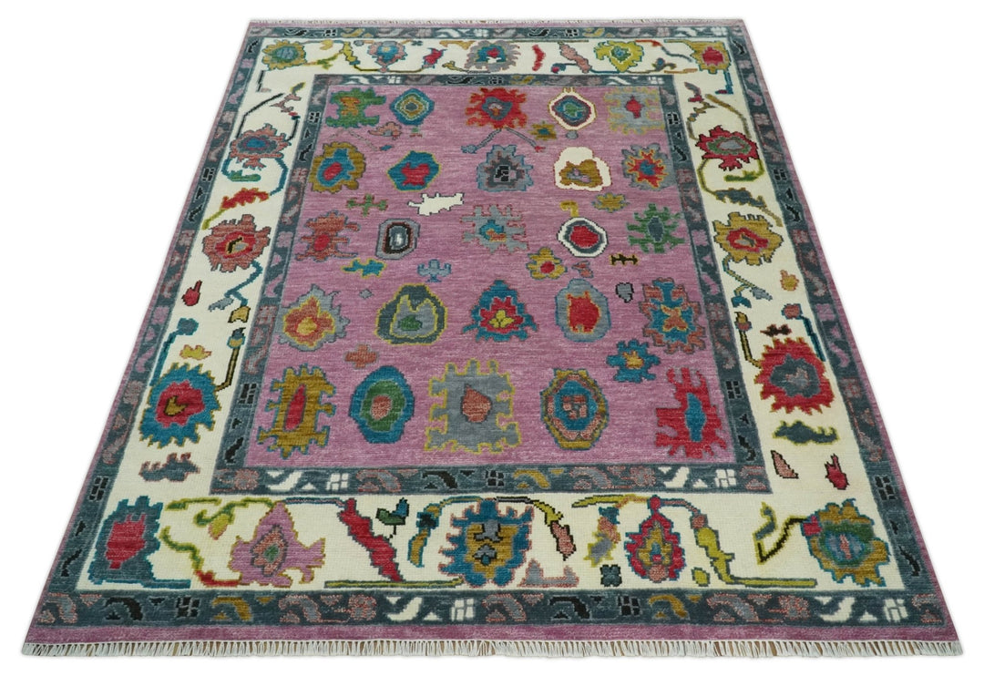 8x10 Wool Traditional Persian Purple and Ivory Vibrant Colorful Hand knotted Oushak Area Rug | TRDCP1125810S - The Rug Decor