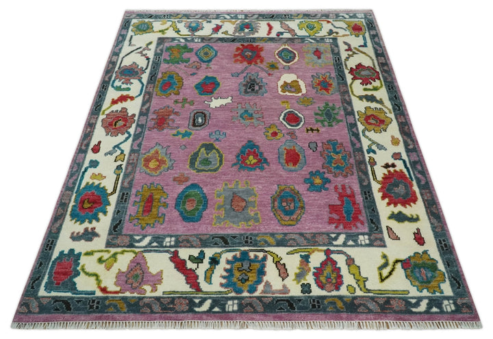 8x10 Wool Traditional Persian Purple and Ivory Vibrant Colorful Hand knotted Oushak Area Rug | TRDCP1125810S - The Rug Decor