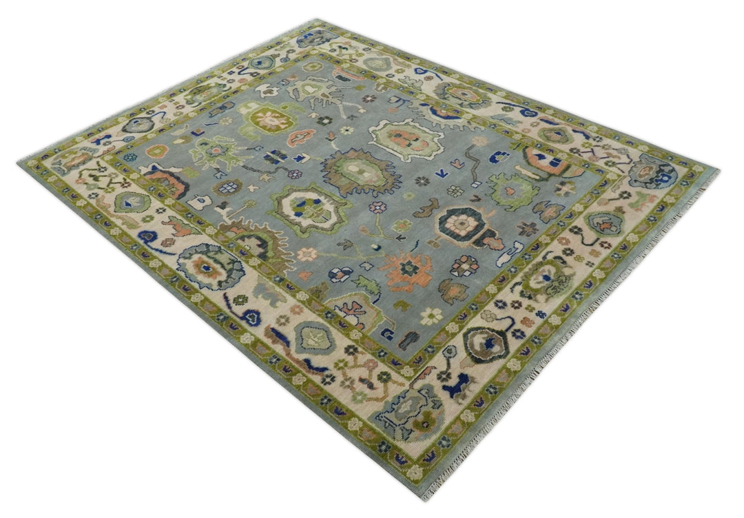 8x10 wool Vibrant Colorful Silver, Green and Light Peach Hand knotted Oushak Area Rug - The Rug Decor