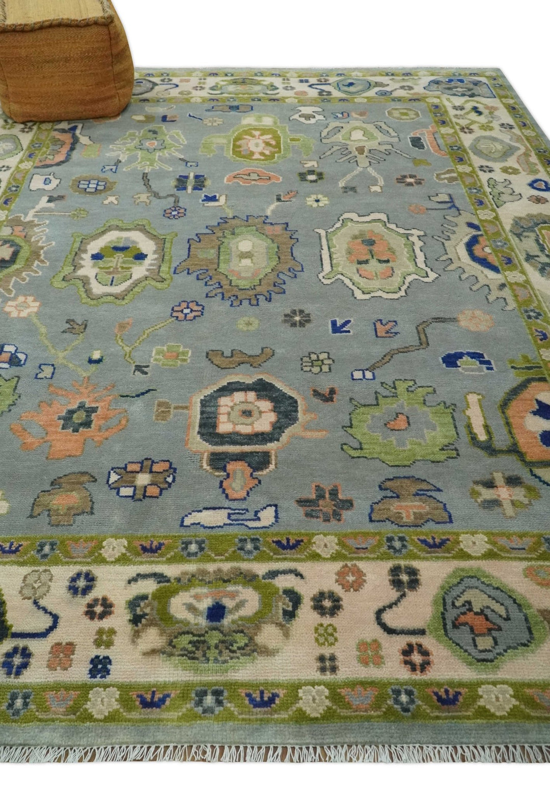8x10 wool Vibrant Colorful Silver, Green and Light Peach Hand knotted Oushak Area Rug - The Rug Decor