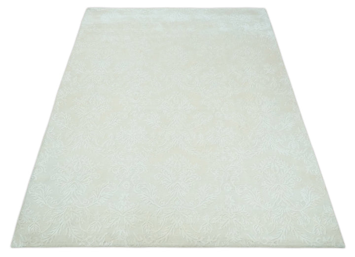 8x11 Beige and Silver Hand Woven and Carved Modern Art Silk Area Rug - The Rug Decor