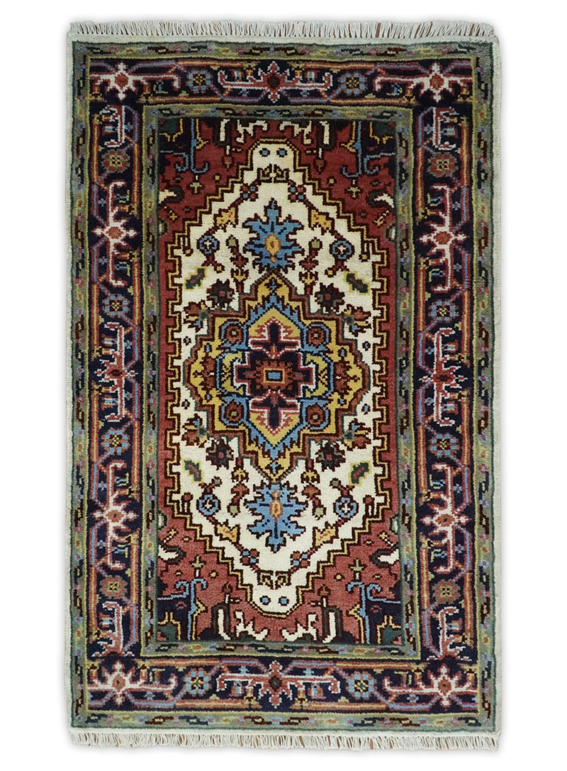 8x8, 8x10, 9x12,10x14 and 12x15 Hand Knotted Ivory and Blue Traditional Heriz Serapi Antique Wool Rug | TRDCP76 - The Rug Decor