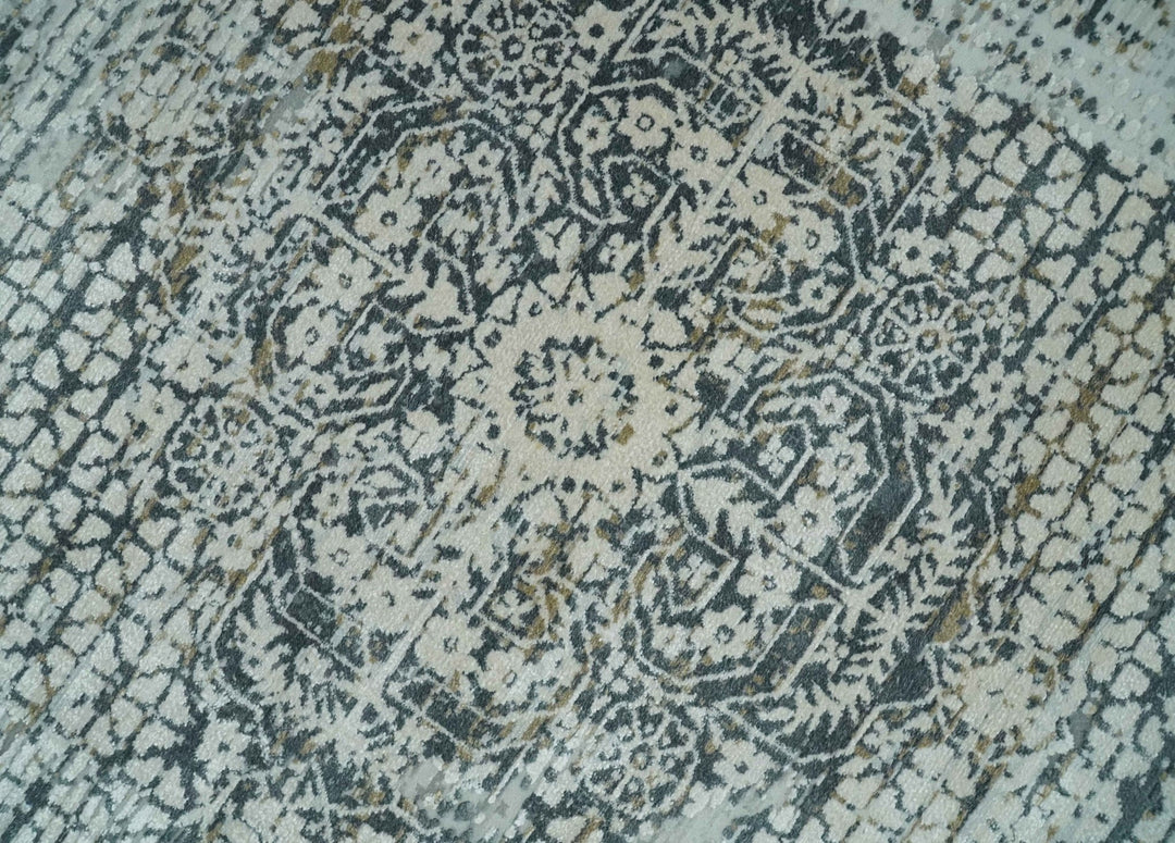 8x8 Round Beige, Gray and Charcoal Antique Finish, Vintage look, Art Silk Area Rug, Living Room Rug | TRDMM8 - The Rug Decor