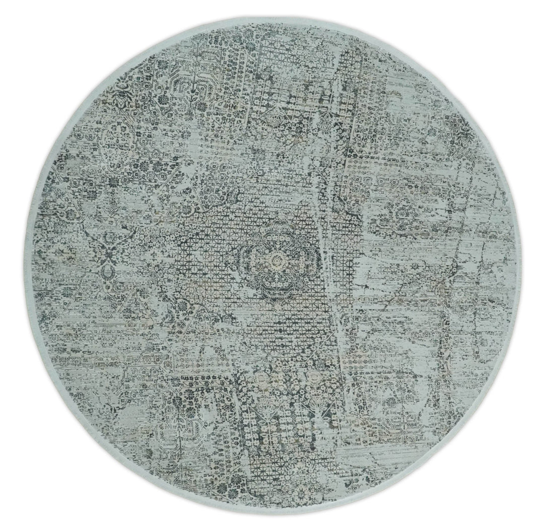 8x8 Round Beige, Gray and Charcoal Antique Finish, Vintage look, Art Silk Area Rug, Living Room Rug | TRDMM8 - The Rug Decor