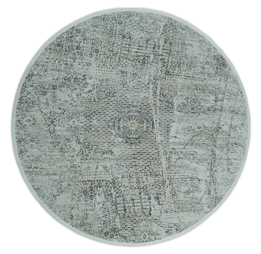 8x8 Round Beige, Gray and Charcoal Antique Finish, Vintage look, Art Silk Area Rug, Living Room Rug | TRDMM8 - The Rug Decor
