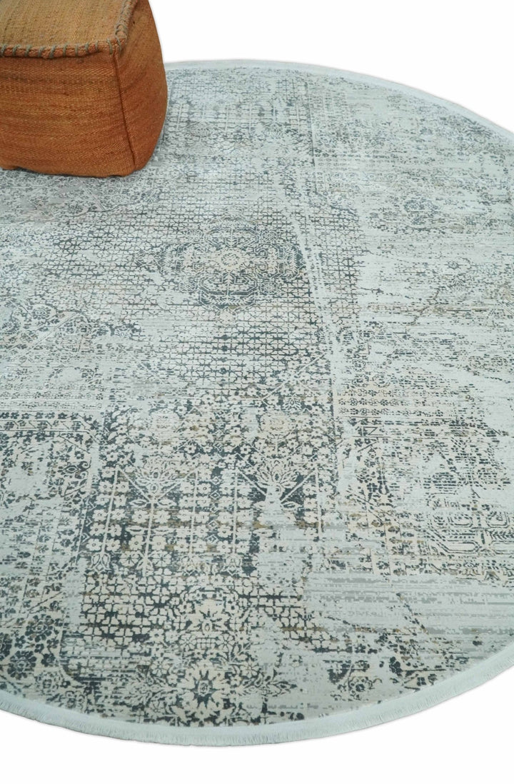 8x8 Round Beige, Gray and Charcoal Antique Finish, Vintage look, Art Silk Area Rug, Living Room Rug | TRDMM8 - The Rug Decor