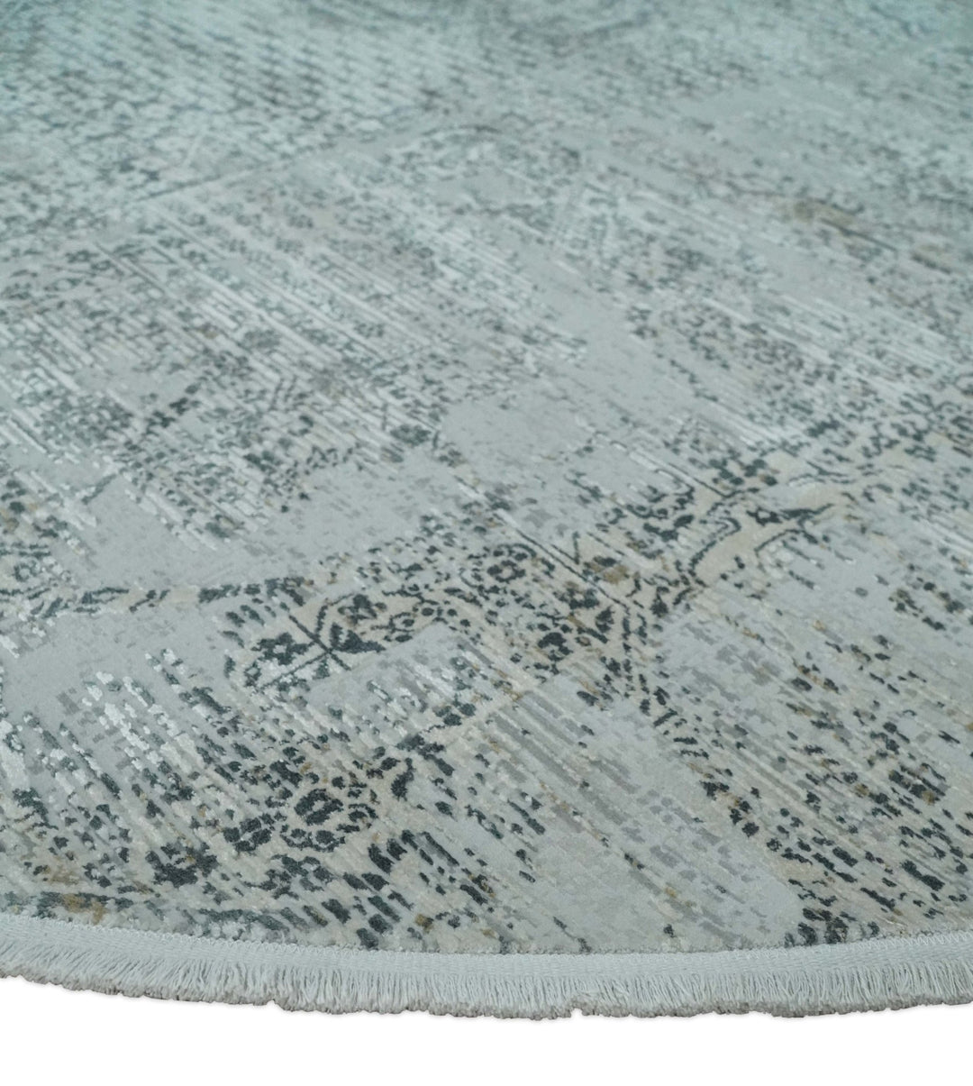 8x8 Round Beige, Gray and Charcoal Antique Finish, Vintage look, Art Silk Area Rug, Living Room Rug | TRDMM8 - The Rug Decor