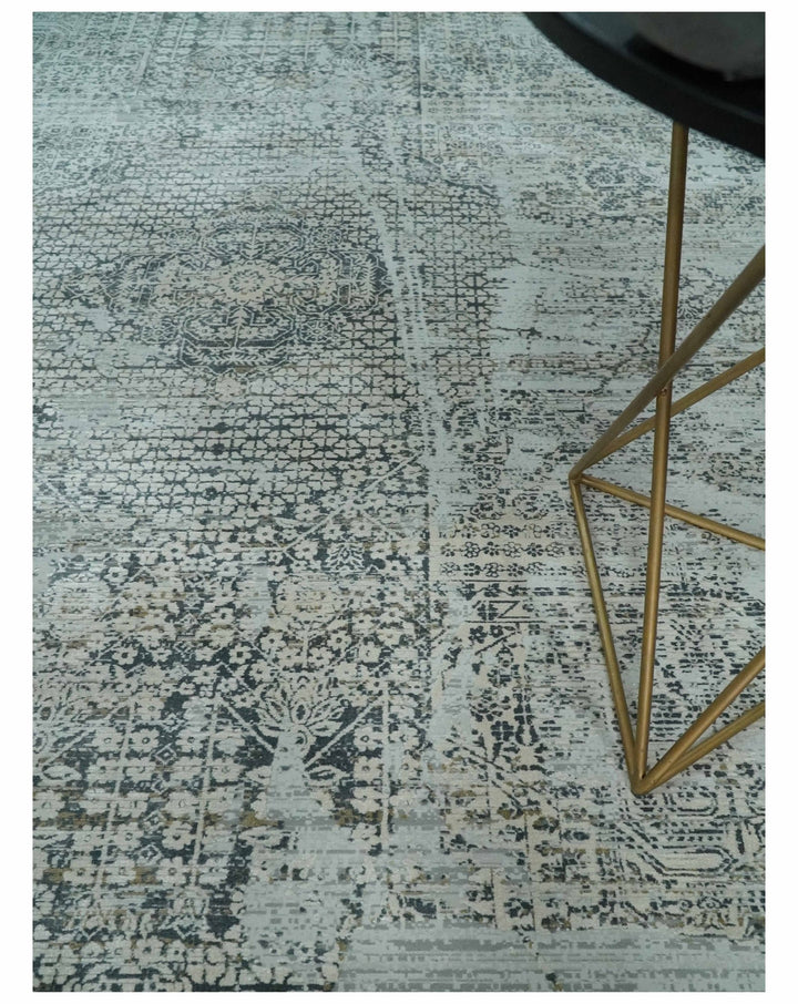 8x8 Round Beige, Gray and Charcoal Antique Finish, Vintage look, Art Silk Area Rug, Living Room Rug | TRDMM8 - The Rug Decor