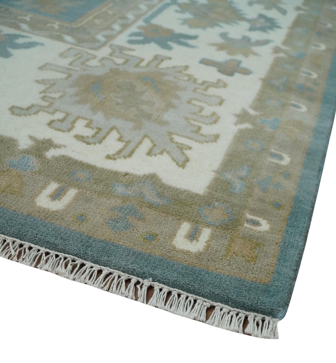 9.2x11.9 Hand Knotted Blue and Ivory Traditional Oushak Wool Area Rug - The Rug Decor
